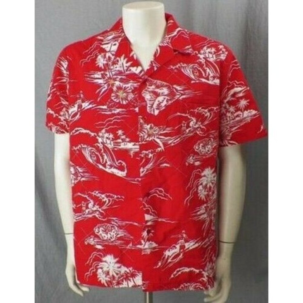 Seawind Hawaiian Islands Red Shirt Tiki Hut Palm Trees Matched Pocket Size XL
